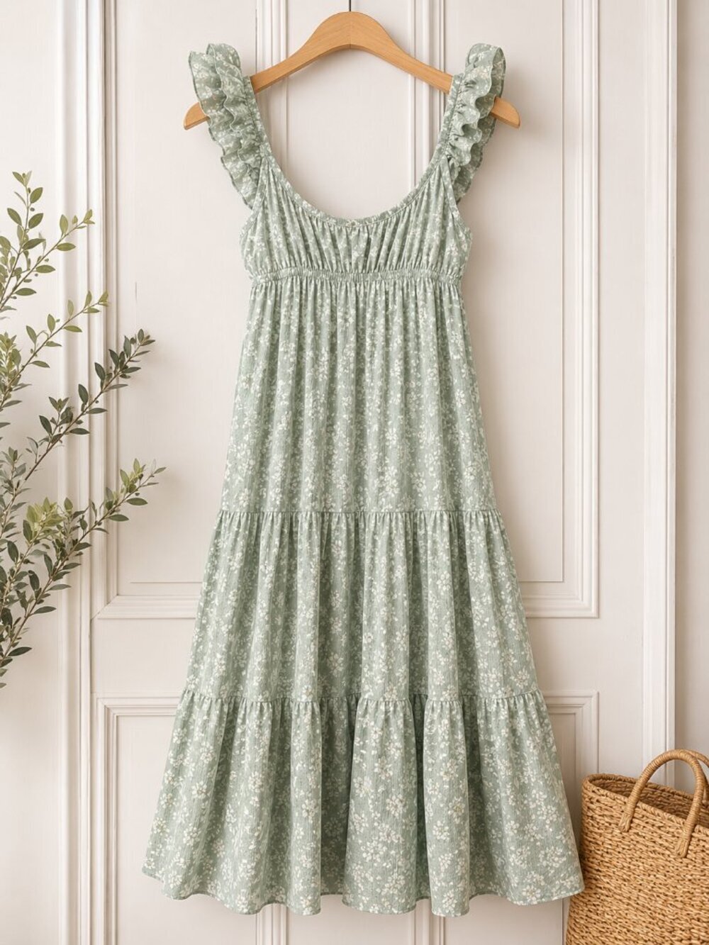 Altar’d State Sage Green Floral Midi Dress Swiss Dot Cottagecore S